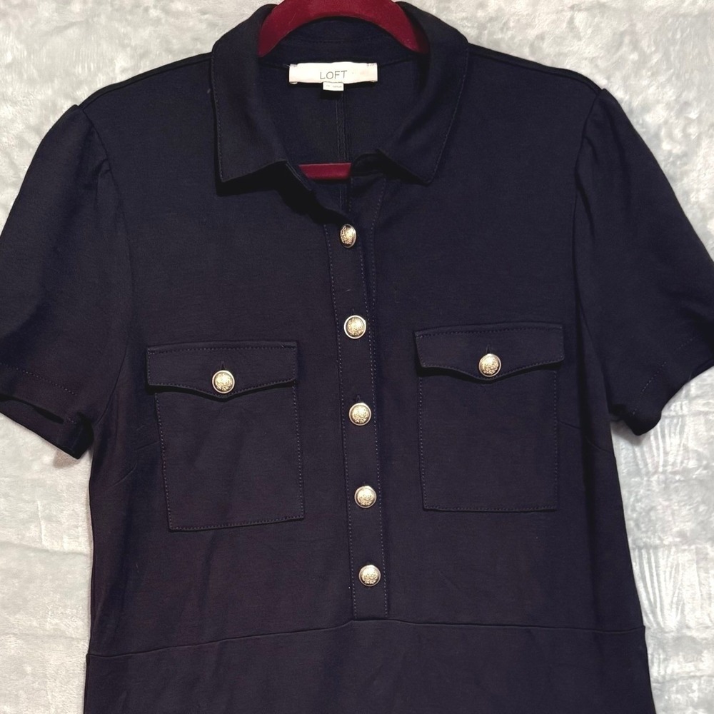 LOFT Shirt Dress Women 12 Black Gold Button Utility Mini Academia - Picture 2 of 9